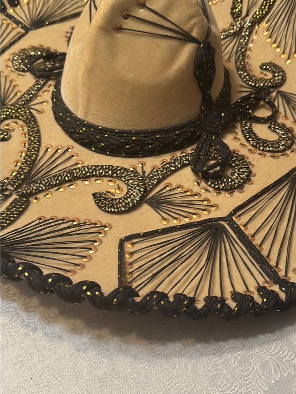 Men's Beige Sombrero Hat with Black Embroidered Trim